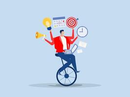 Businessman performing multitasking work Productive master, businessman riding unicycle juggling elements, laptop, calendar, ideas and emails.project management skill vector