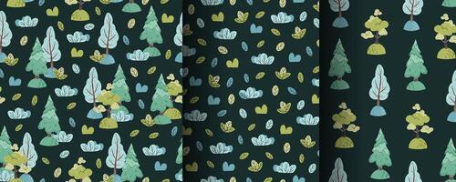 Collection of seamless patterns with cute forest trees and bushes in flat style. Children's background with fir tree, deciduous trees and grass. Cartoon texture for fabric, wallpaper, clothes. vector