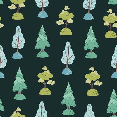 hand drawn color children's seamless pattern with trees in flat style. Children's forest texture for fabric, wallpaper, clothes.