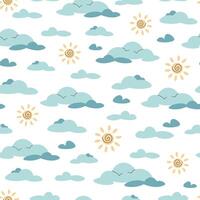 Seamless pattern with cute clouds and sun in flat style. Children's background with sky elements. Cartoon texture for fabric, wallpaper, clothes. vector