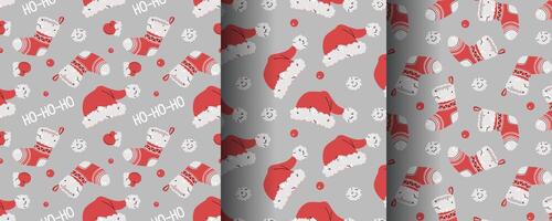 Collection of seamless Christmas patterns with Santa hat, sock and mittens in flat style. Holiday background with Christmas elements. Cartoon texture for fabric, wallpaper, wrapping paper. vector