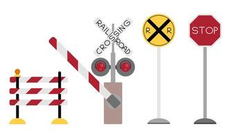 Set of railway signs, lock, barrier on white background. Rails in flat style, icon. Cartoon illustration for book design, children s textbooks, etc vector