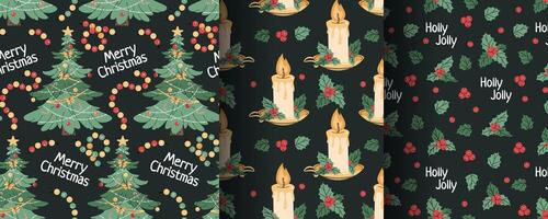 Collection of seamless Christmas patterns with fir tree, candle, oak in flat style. Holiday background with natural Christmas elements. Cartoon texture for fabric, wallpaper, wrapping paper vector
