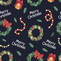Seamless pattern with colorful bells, Christmas wreath and gifts. holiday texture in flat style. Merry Christmas and Happy New Year. Suitable for wallpaper, wrapping paper, fabric, etc. vector