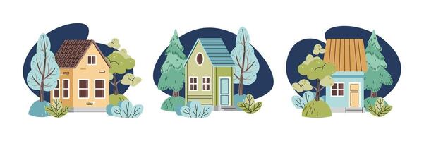 collection of clip arts with houses in hand-drawn style. Isolated simple houses with trees vector