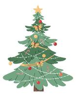 Christmas tree decorated with garlands and toys on a white background. Festive tree in a flat style. vector