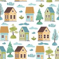 Seamless pattern with cute colorful houses and forest trees in flat style. Children's Background with country houses, spruce and clouds. Cartoon texture for fabric, wallpaper, clothes. vector