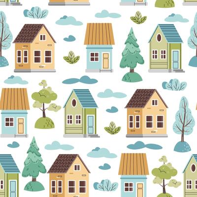Seamless pattern with cute colorful houses and forest trees in flat style. Children's Background with country houses, spruce and clouds. Cartoon texture for fabric, wallpaper, clothes.