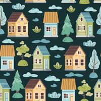 Seamless pattern with cute colorful houses and forest trees in flat style. Children's Background with country houses, spruce and clouds. Cartoon texture for fabric, wallpaper, clothes. vector