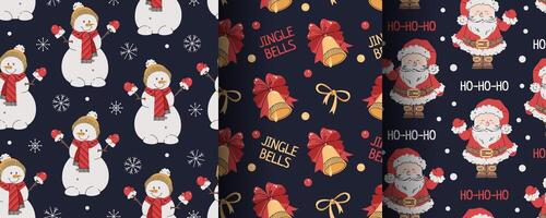 Collection of seamless Christmas patterns with Santa, snowman and bell in flat style. Holiday background with Christmas elements. Cartoon texture for fabric, wallpaper, wrapping paper. vector