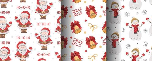 Collection of seamless Christmas patterns with Santa, snowman and bell in flat style. Holiday background with Christmas elements. Cartoon texture for fabric, wallpaper, wrapping paper. vector