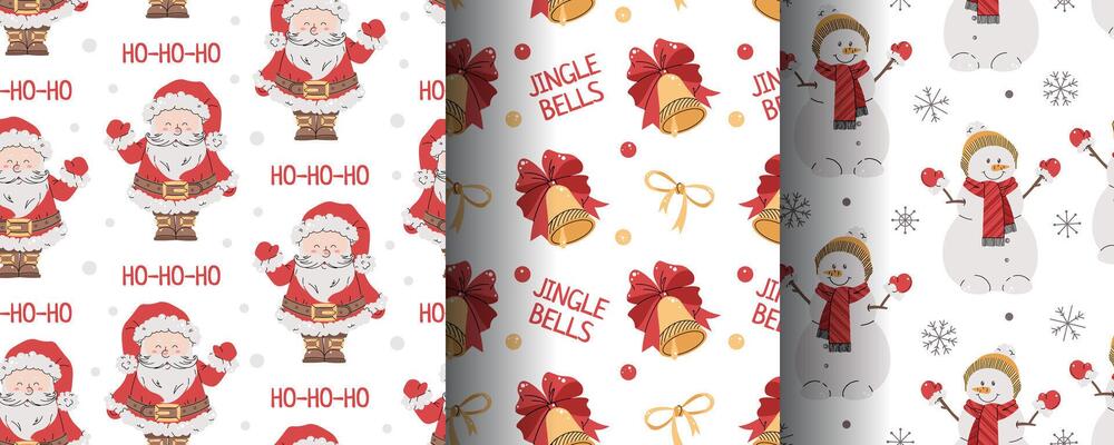 Collection of seamless Christmas patterns with Santa, snowman and bell in flat style. Holiday background with Christmas elements. Cartoon texture for fabric, wallpaper, wrapping paper.