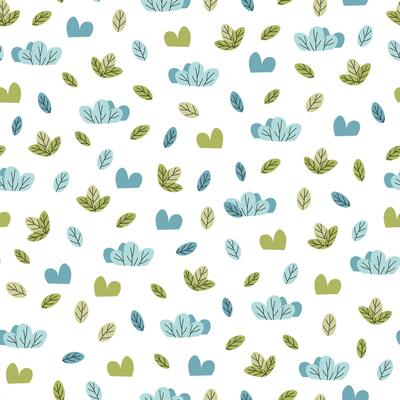 Seamless pattern with cute colorful bushes and grasses in flat style. Children's background with natural elements. Cartoon texture for fabric, wallpaper, clothes.
