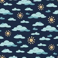 Seamless pattern with cute clouds and sun in flat style. Children's background with sky elements. Cartoon texture for fabric, wallpaper, clothes. vector