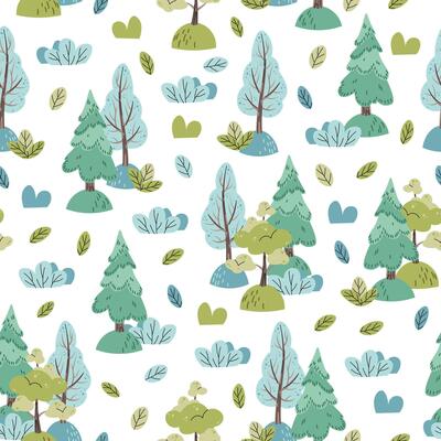 hand-drawn color children's seamless pattern with trees in Scandinavian style. Children's forest texture for fabric, wallpaper, clothes.
