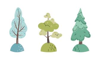 Set of flat cartoon trees on white background. Forest trees collection. Botanical elements, foliage deciduous plants set. Childrens illustration of spruce, oak, poplar for fabric design, wallpaper vector