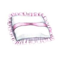 A white cushion with pink frills. watercolor illustration. Wedding attribute for rings. An element of the design of invitation and greeting wedding cards in watercolor style. For banners. vector