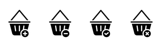 icon solid or glyph ui button shopping basket or cart with plus, minus, check and cancel symbols. Editable file vector