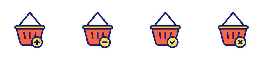 icon flat line colors ui button shopping basket or cart with plus, minus, check and cancel symbols. Editable file vector