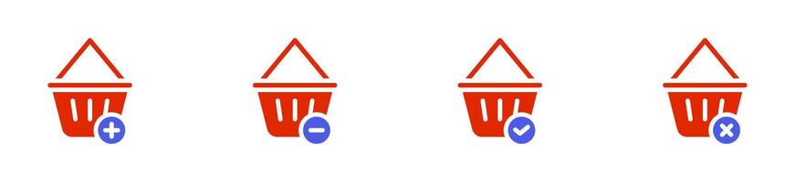 icon solid or glyph colors ui button shopping basket or cart with plus, minus, check and cancel symbols. Editable file vector