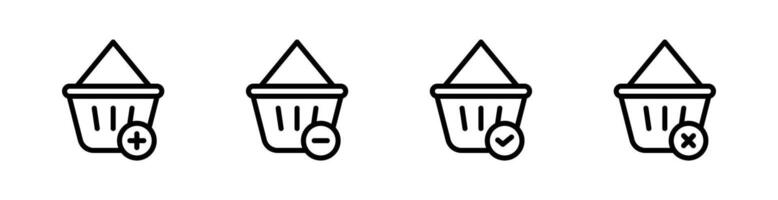 icon line ui button shopping basket or cart with plus, minus, check and cancel symbols. Editable file vector