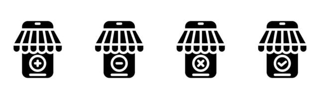Icon solid or glyph phone store with canopy and plus, ,inus check and decline symbols, online shop buttons. Editable file vector