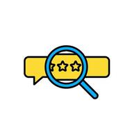 Icon flat magnify and bubble chat, search for rating stars. Editable file vector