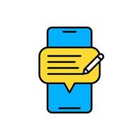 Icon flat phone and chat bubble with writing text review or feedback. Editable file vector