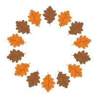 Oak wreath with orange and brown leaves and copy space. Hand drawn circle empty autumn frame for poster banner and card. Minimalist illustration vector