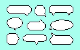Pixel white Speech Bubbles set for computer game. Message box, chat empty retro clouds in 8 bit art, icons. Comic blank elements for dialogues of discussion and thoughts. vector