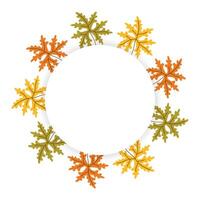 Round Frame with orange, green, yellow abstract leaves in hand drawn style. Empty Circle border or textbox with shadows. Bright autumn wreath with copy space for sale posters vector