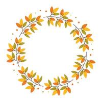 Autumn leaves wreath. Fall bright round Frame with hand drawn branches. Botanical elements make empty circle text border. vector