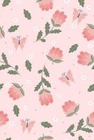 Spring seamless pattern with flowers and butterflies on a pink background. graphics. vector