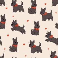 Seamless pattern with Scottish terriers with red bows on their necks. graphics. vector