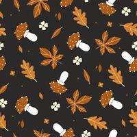 Seamless autumn pattern with fly agarics and leaves. graphics. vector
