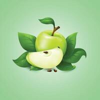 a green apple with an half apple with apple leaves vector