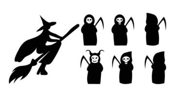 a black silhouette of a flying witch with a bat and devil. vector