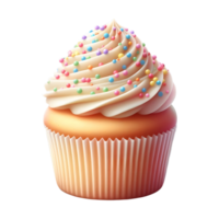 Vanilla cupcake with vanilla frosting and rainbow sprinkles on transparent background. png