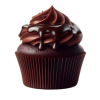 A rich chocolate cupcake with chocolate ganache frosting isolated on transparent background. png