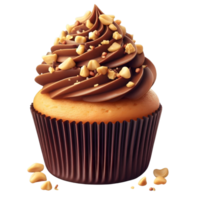 A peanut butter cupcake with chocolate frosting and crushed peanuts on transparent background png