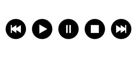 Play, pause, stop, previous track and next icon on black circle. Media player concept vector
