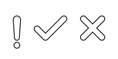 Exclamation mark, tick, and cross icon in line style. Editable stroke vector