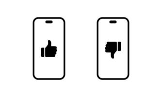 Hand thumb up and down on smartphone screen icon. Like and dislike gesture on phone display concept vector