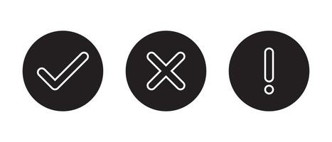 Tick, cross mark and exclamation point line icon on black circle vector