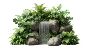 A serene, small waterfall cascading over moss-covered rocks in a tropical setting. png
