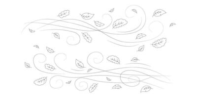 Doodle autumn leaves flying in the wind. Falling season outline backdrop, air flow leaves wave linear pattern or wind blowing doodle print. Autumn windy weather hand drawn monochrome background vector