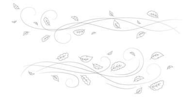 Doodle autumn leaves flying in the wind. Falling season outline backdrop, air flow leaves wave linear pattern or wind blowing doodle print. Autumn windy weather hand drawn monochrome background vector