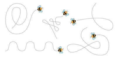 Cute Whimsical Bee Journeys. Dotted Flight Trails Creating Beautiful Patterns of Spirals, Curves, and Hearts vector