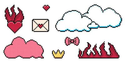 Set of pixel art dialogue box, heart, star, cloud. Speech bubbles in the mood of 90s aesthetics. 8-bit retro style illustration. vector