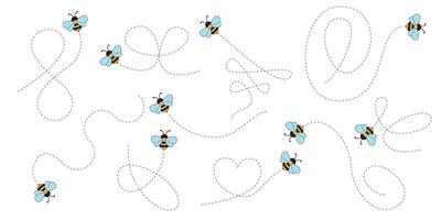 Hand Drawn Cartoon Bee Flying on a Dotted Route. illustration isolated on background. vector